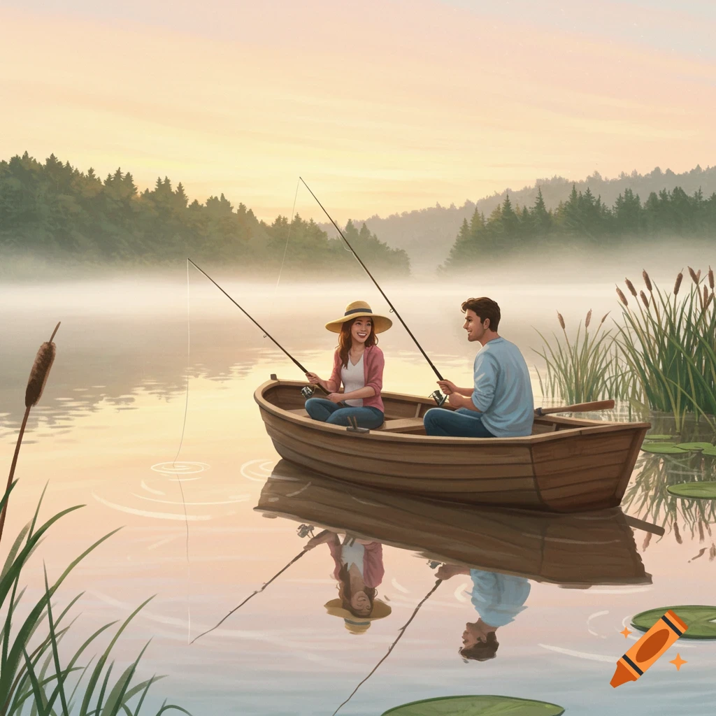 A man and a woman fish from a wooden boat on a calm, misty lake at sunrise, rendered in an illustrative style.