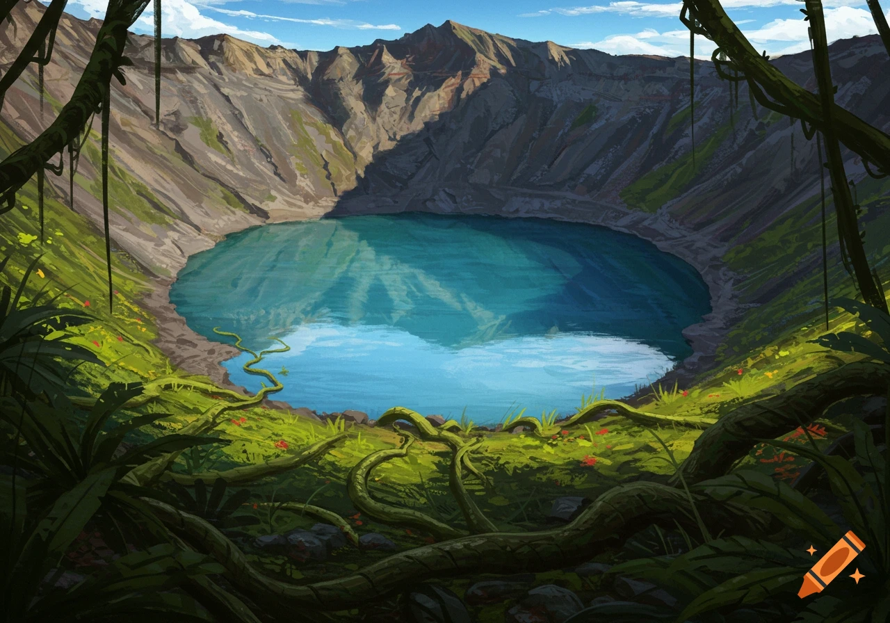 Illustrated view of a tranquil blue crater lake surrounded by lush green slopes and towering mountains, framed by dark vines.
