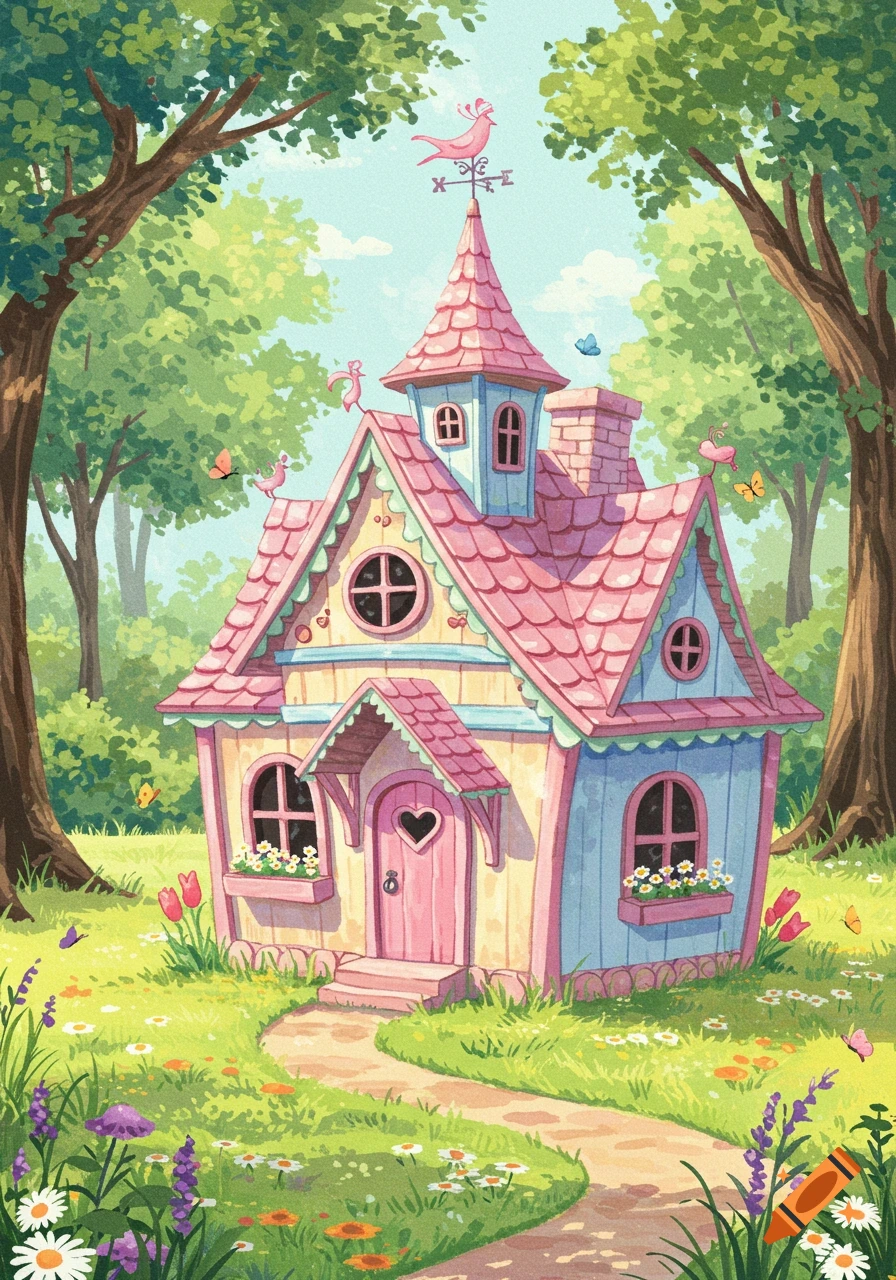 A whimsical, colorful playhouse with a pink roof and blue walls sits in a sunny forest clearing, surrounded by green grass and flowers.
