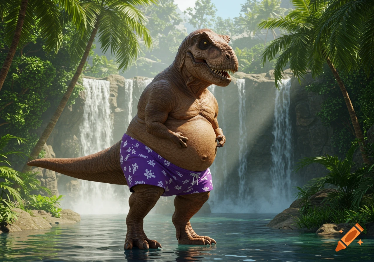 A large, fat T-Rex wearing purple swim trunks stands in a clear body of water with waterfalls and lush palm trees in the background.