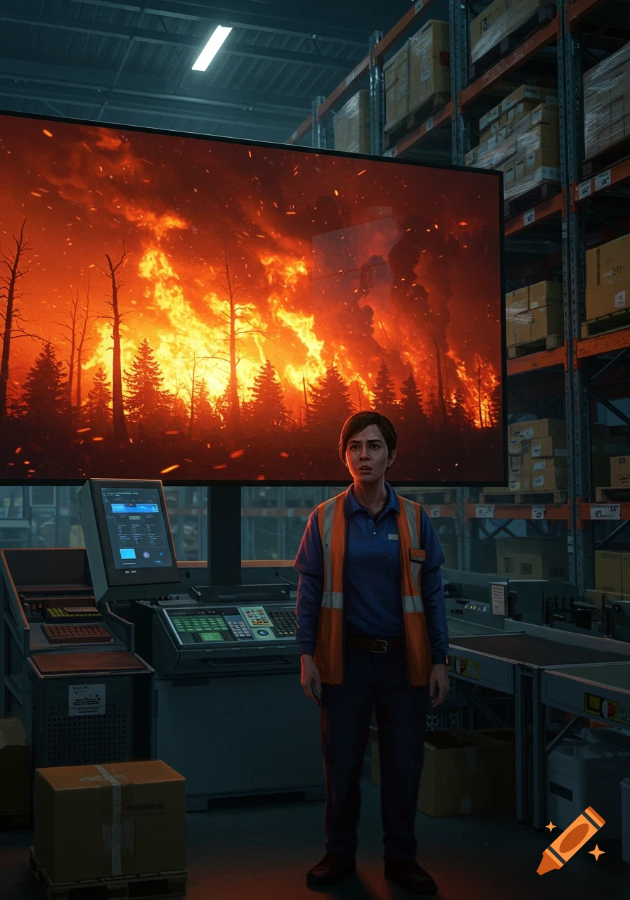 A woman in a warehouse looks distressed at a large screen displaying a raging forest fire.