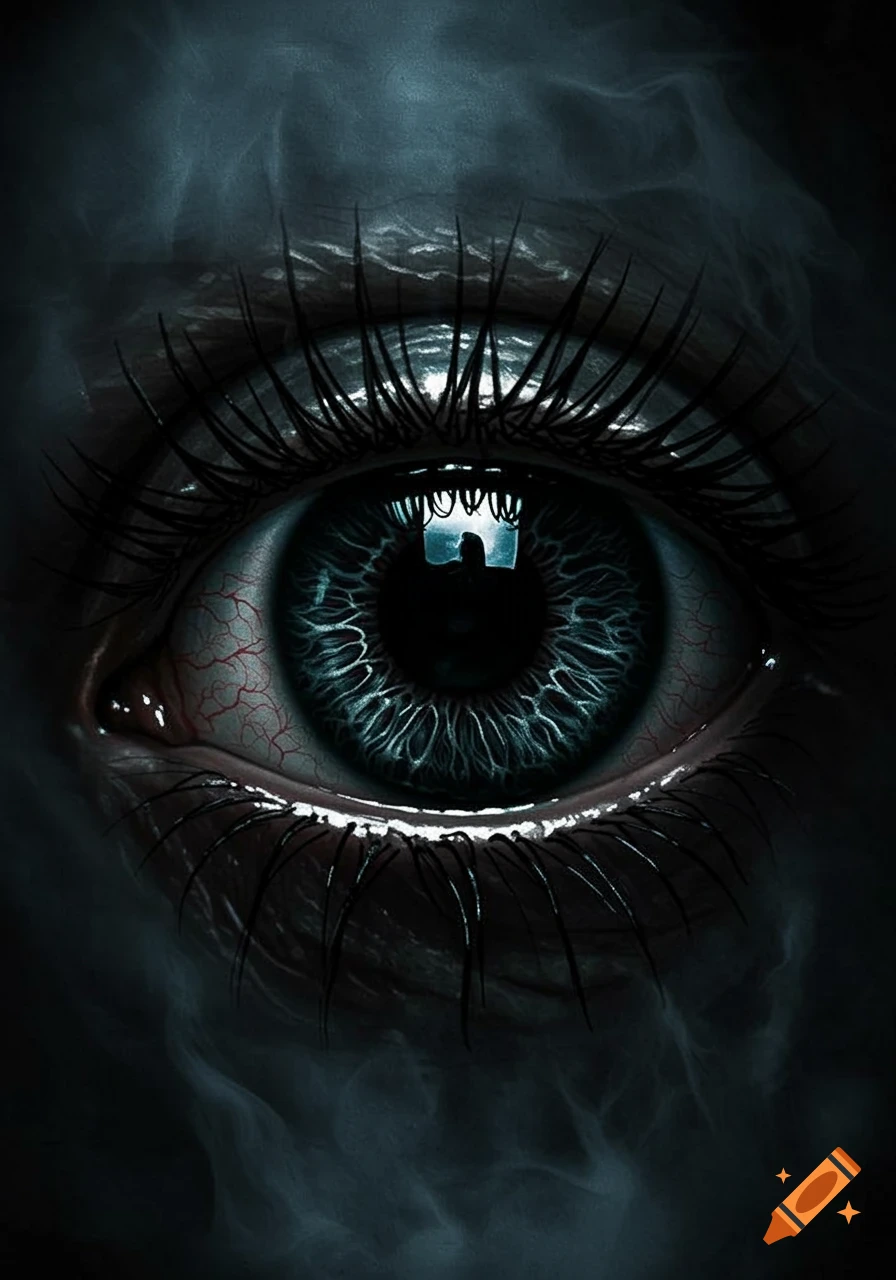 A close-up, dark and eerie image of an eye with a vibrant blue iris, prominent red veins, and long eyelashes, surrounded by wisps of dark smoke.