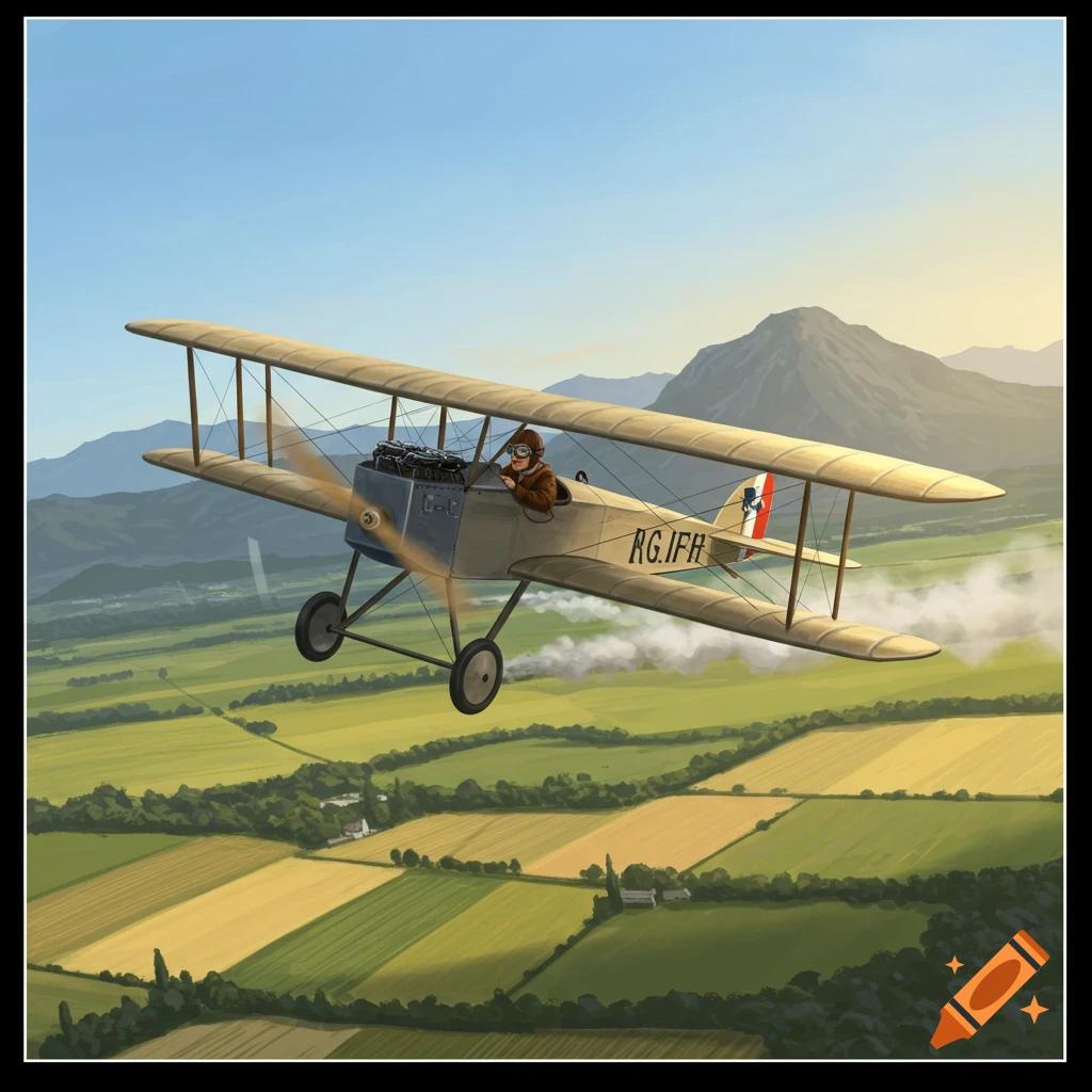 A cartoon biplane with an early aviator flies over green and yellow fields with mountains in the background.