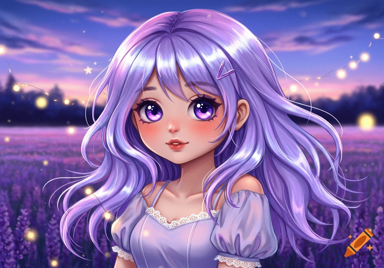 A cute anime girl with long purple hair and purple eyes stands in a lavender field under a glowing purple sky with string lights.