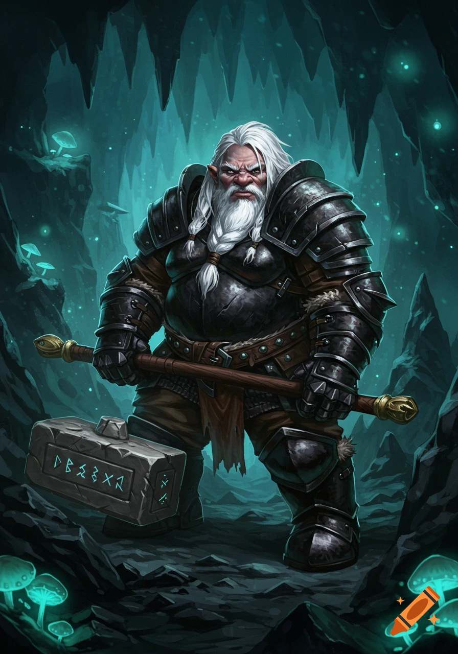 A grumpy dwarf in black armor holds a large stone hammer with glowing runes in a dark, glowing mushroom cave.