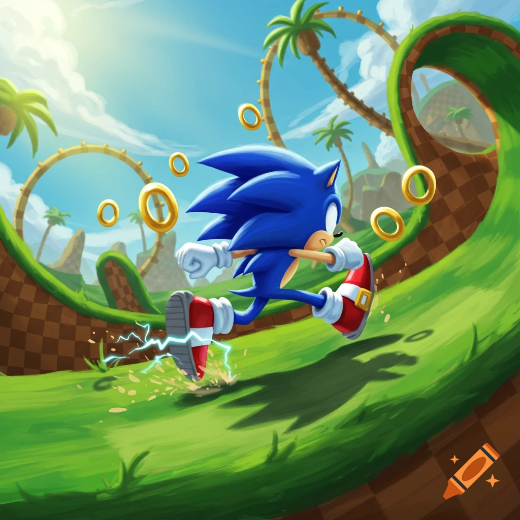 Sonic the Hedgehog runs at high speed across the checkered green hills of the Green Hill Zone, with golden rings floating in the air under a bright blue sky.
