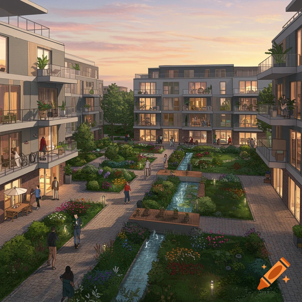 An architectural illustration of a modern residential complex with buildings surrounding a lush courtyard garden and walking paths at sunset.