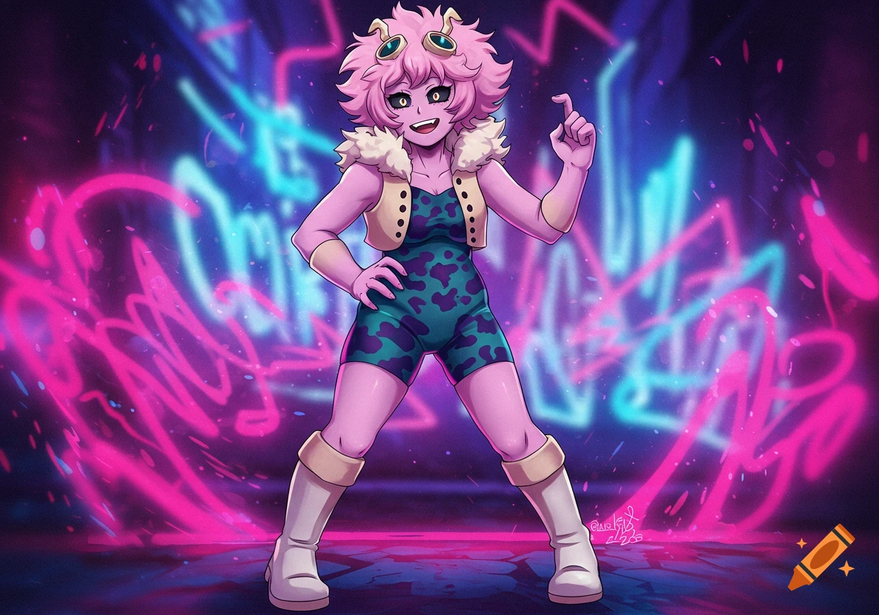 Anime illustration of Mina Ashido with pink skin and hair, wearing a patterned bodysuit, vest, and boots, standing confidently against a neon pink and blue background.