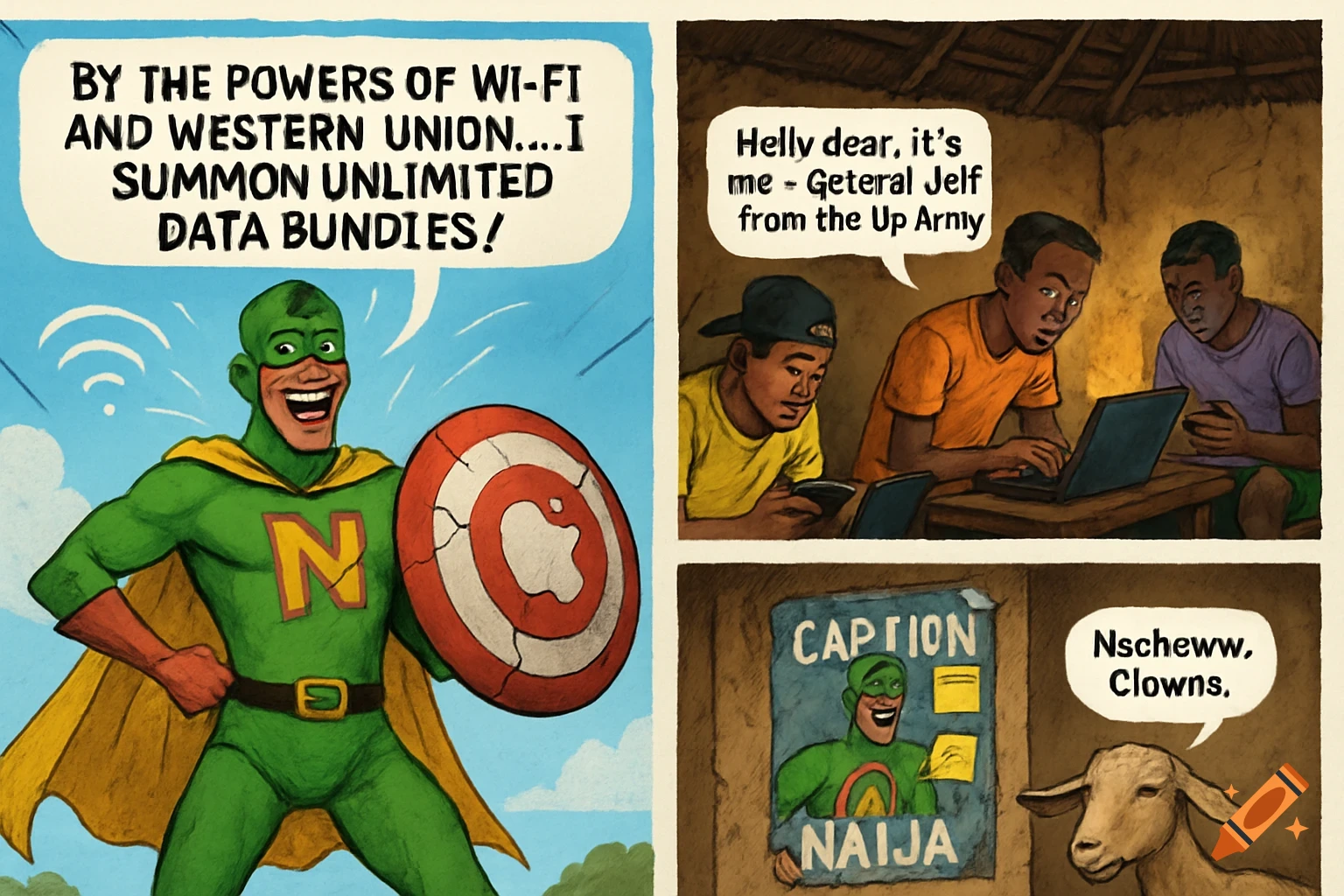 A four-panel comic strip. Top left: A superhero, Captain Nigeria, with an Apple logo shield, shouts, 'By the powers of Wi-Fi and Western Union...I summon unlimited data bundies!' Top right: Three young men in a mud hut use laptops and phones. One speech bubble reads, 'Helly dear, it's me - Geteral Jelf from the Up Army'. Bottom left: A poster for 'CAPTION NAIJA'. Bottom right: A goat looks at the scene, with a speech bubble saying, 'Nscheww, Clowns.'