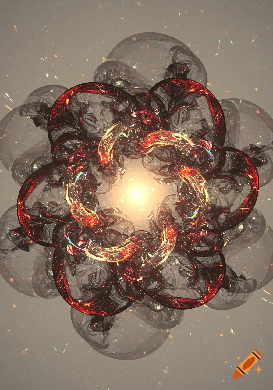 A vibrant abstract fractal pattern with red and dark swirling shapes, a bright glowing center, and scattered sparkling particles.
