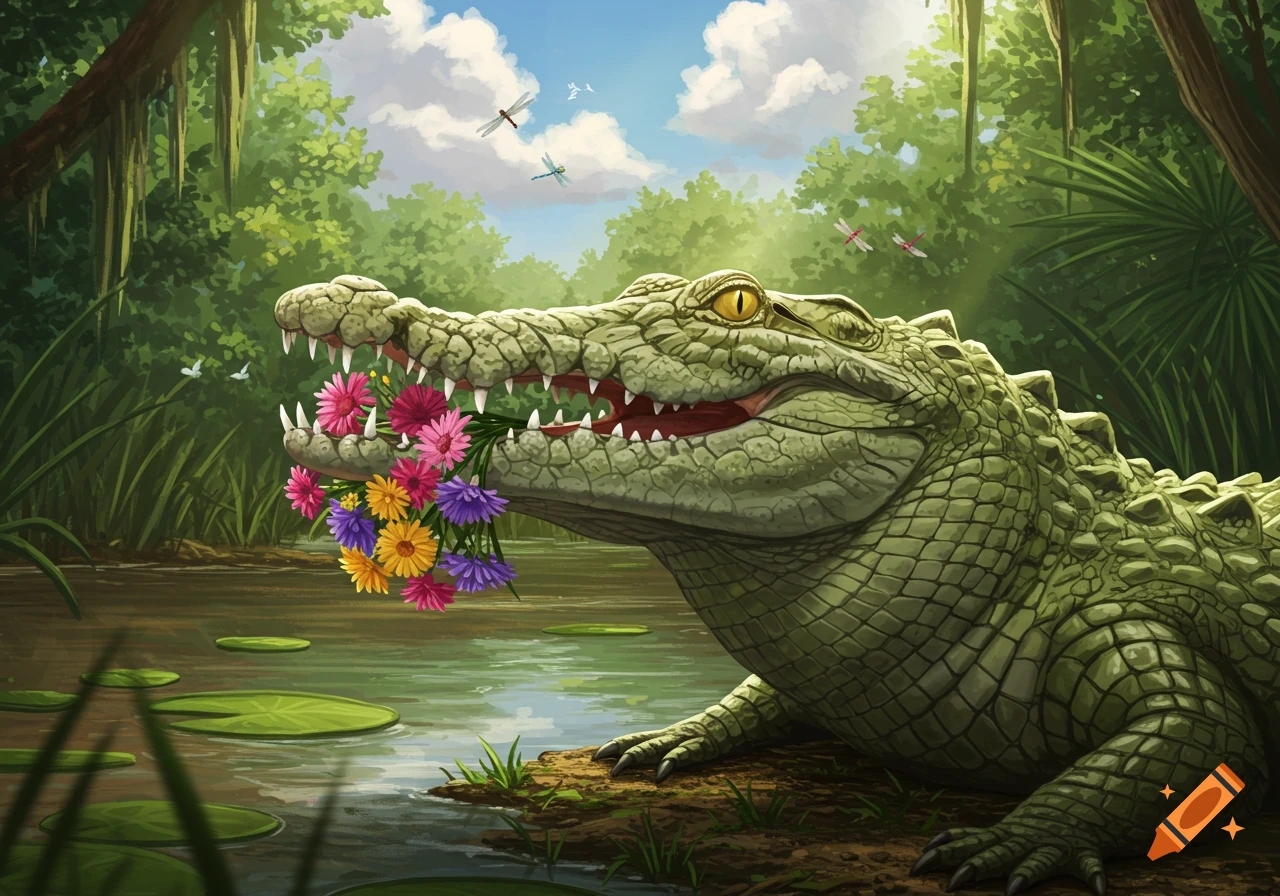 A green crocodile with its mouth open, holding a bouquet of colorful flowers in a lush swamp setting.