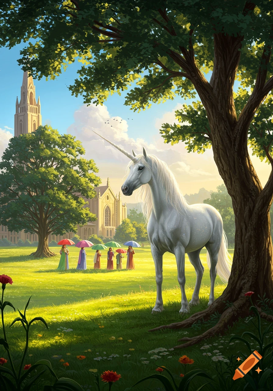 A majestic white unicorn stands under a large tree in a sunny green field, with people holding colorful umbrellas and a grand university tower in the background.
