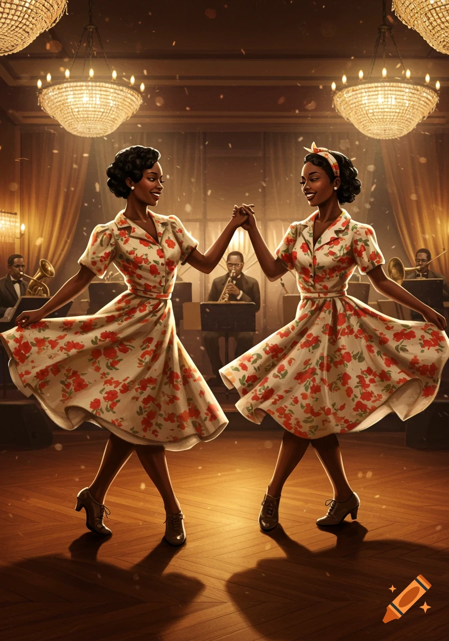 Two Black women in vintage floral dresses hold hands and dance in a warmly lit ballroom, with a band in the background.