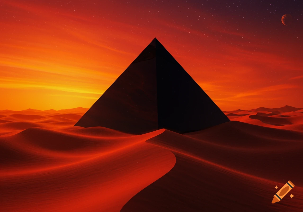 A black pyramid stands prominently in a vast red and orange desert under a colorful twilight sky with a crescent moon.