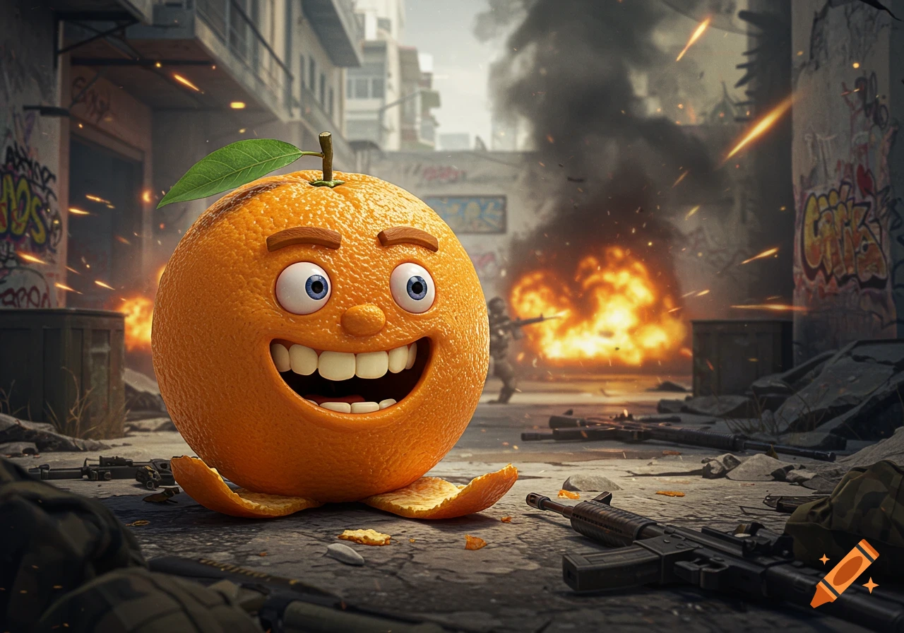 A smiling anthropomorphic orange sits on cracked pavement amidst weapons and explosions in a war-torn urban street.