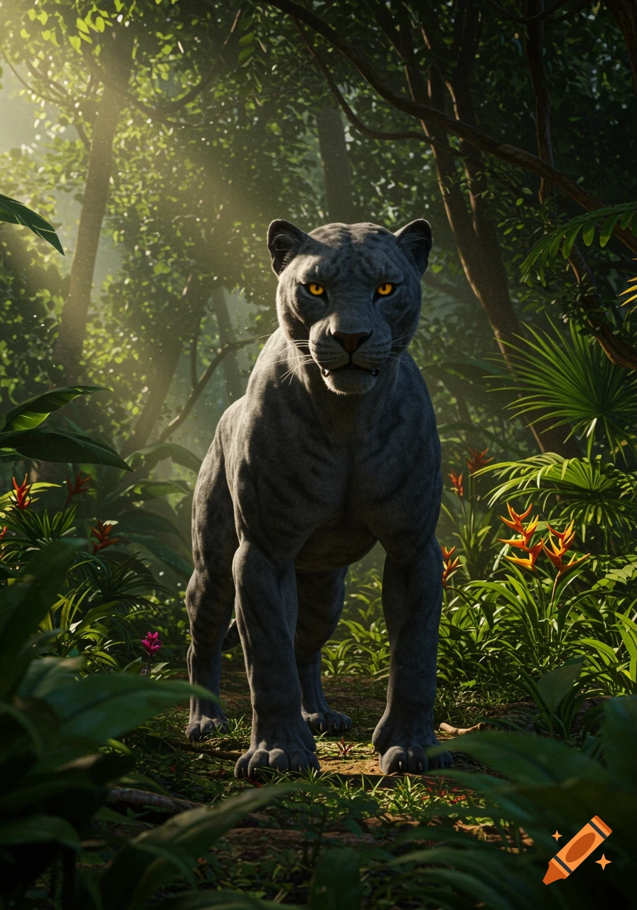 A photorealistic black panther stands in a lush, sunlit jungle, staring forward with piercing yellow eyes.