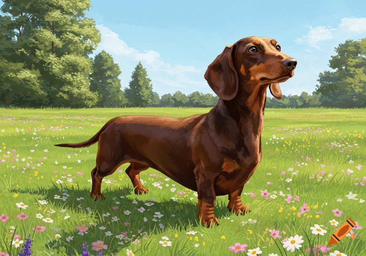 A brown dachshund stands in a field of green grass and wildflowers under a blue sky.