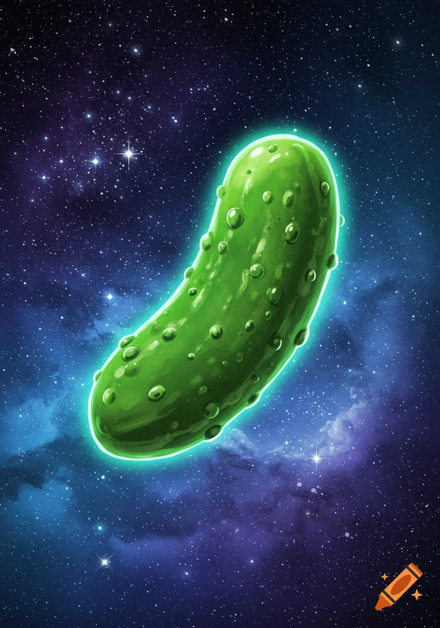 A vibrant green pickle with a glowing aura floats against a dark blue and purple starry space background with nebulae.