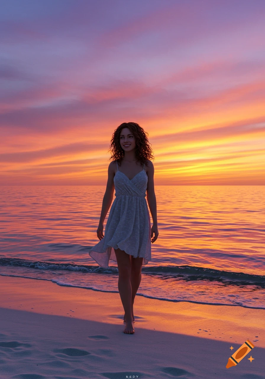 Smiling woman with curly hair walking barefoot on a beach at sunset. Vibrant orange and purple sky reflects on the water.