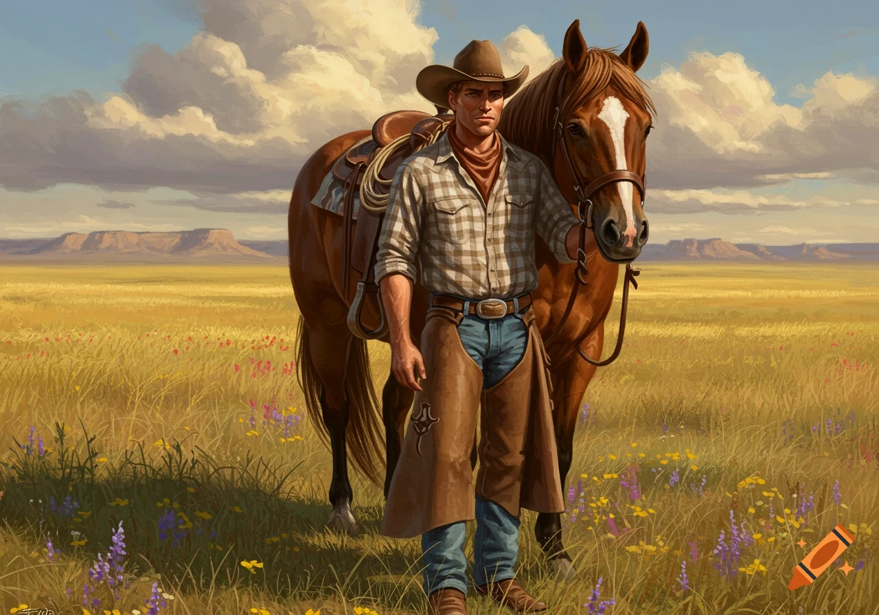A cowboy in a plaid shirt and chaps stands next to his horse in a grassy field with mountains under a cloudy sky, painted.