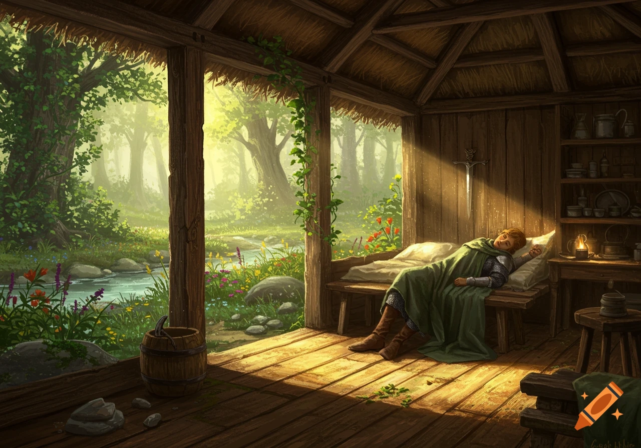 A young knight in armor and a green cloak sleeps on a bed inside a rustic wooden hut, sunlight streaming in from the open side, revealing a lush forest and river outside, in a fantasy art style.