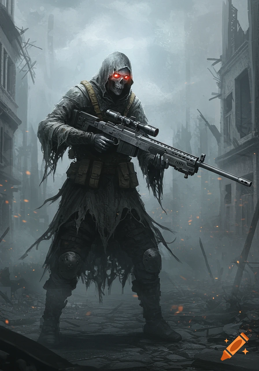 A shadowy skeletal figure in a tattered cloak with glowing red eyes holds a sniper rifle in a ruined, smoky city.