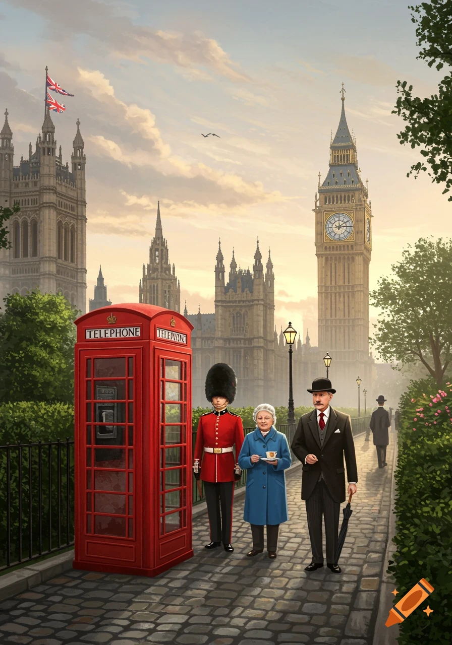 A detailed illustration of a London scene with Big Ben, a red telephone booth, a Queen's Guard, and two people walking.
