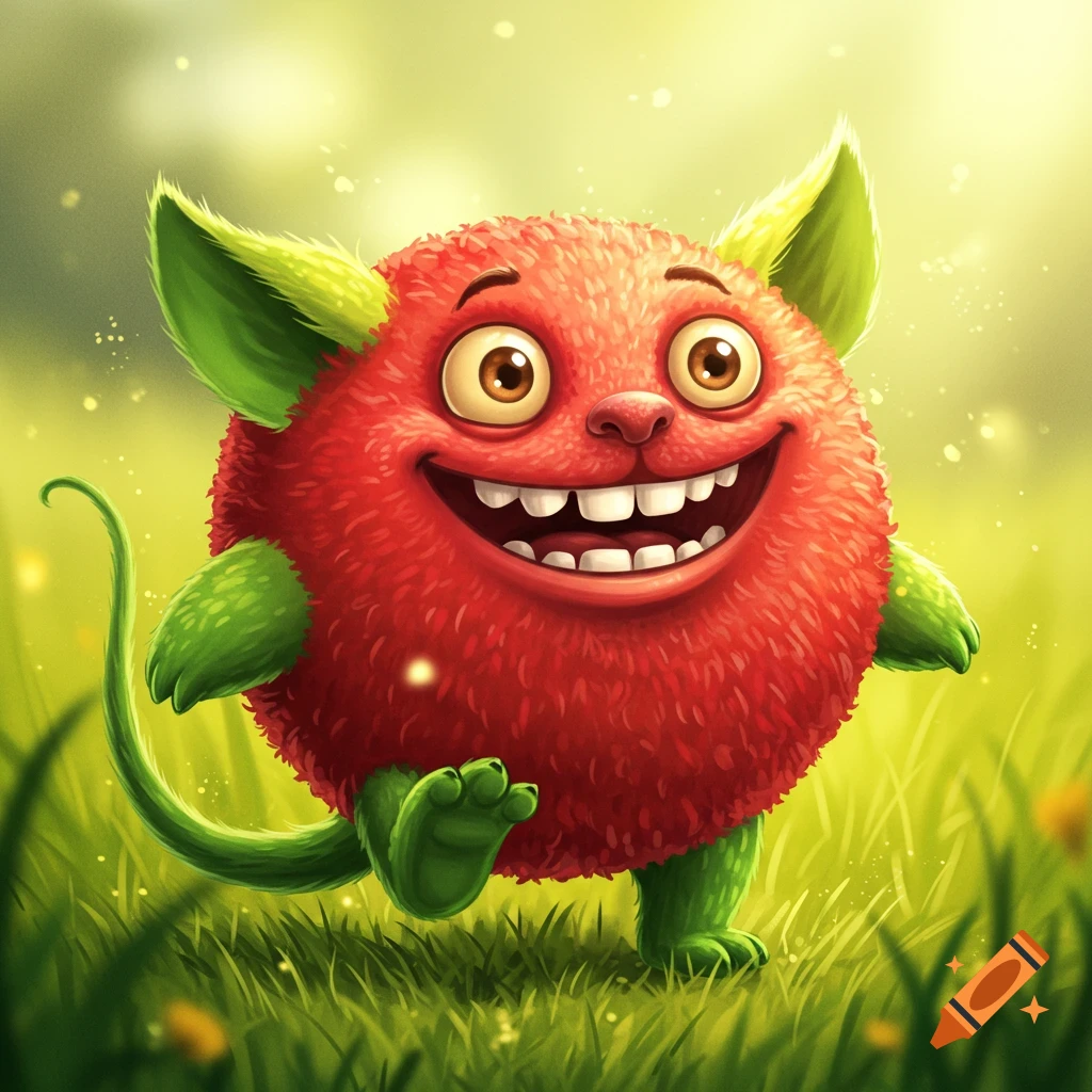 A cute, furry, red monster with large green ears, green feet, and a green tail, smiling widely in a grassy field.