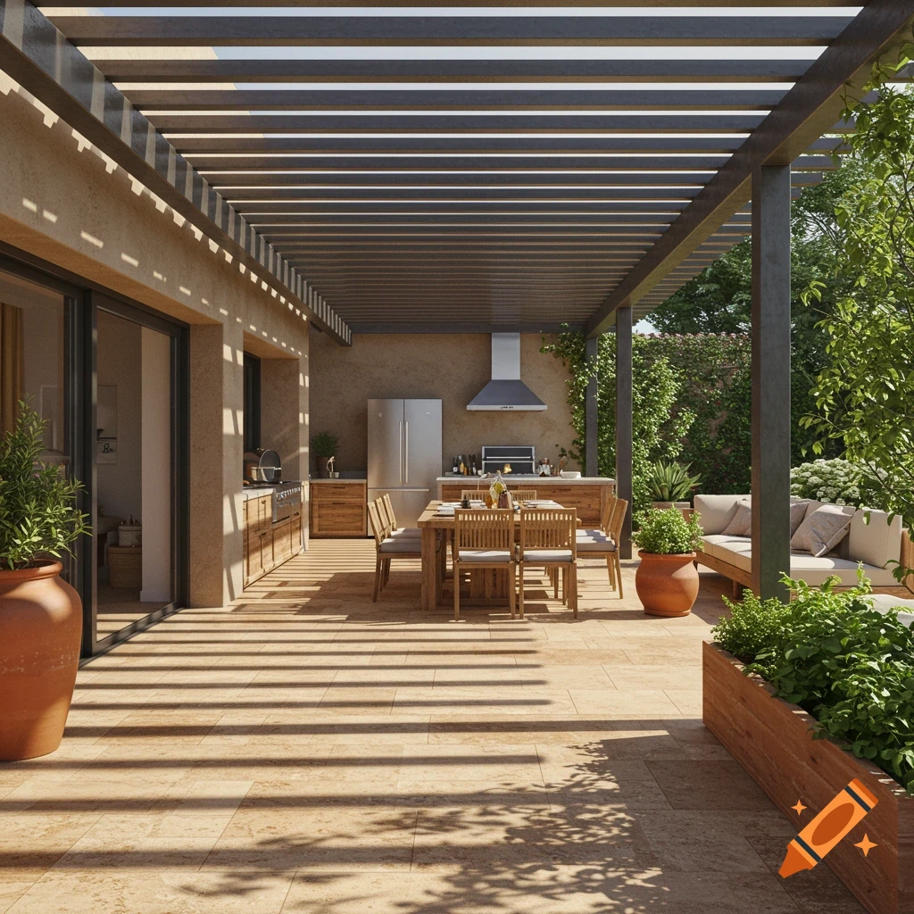 A large, photorealistic patio with an outdoor kitchen, a dining table, and a wooden pergola casting shadows on the light-tiled floor.