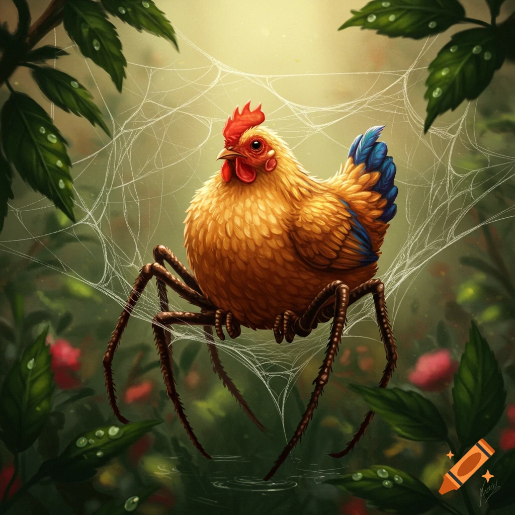 A fantastical chicken with spider legs sits in a web surrounded by green plants and red flowers.
