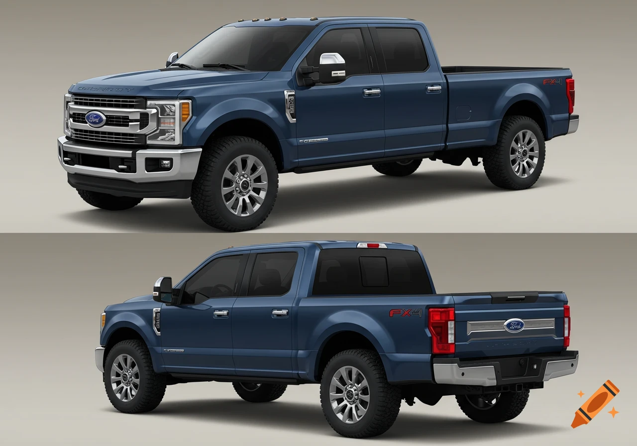A blue Ford F-250 truck shown in two photorealistic views, one from the front-side and one from the rear-side, against a plain background.