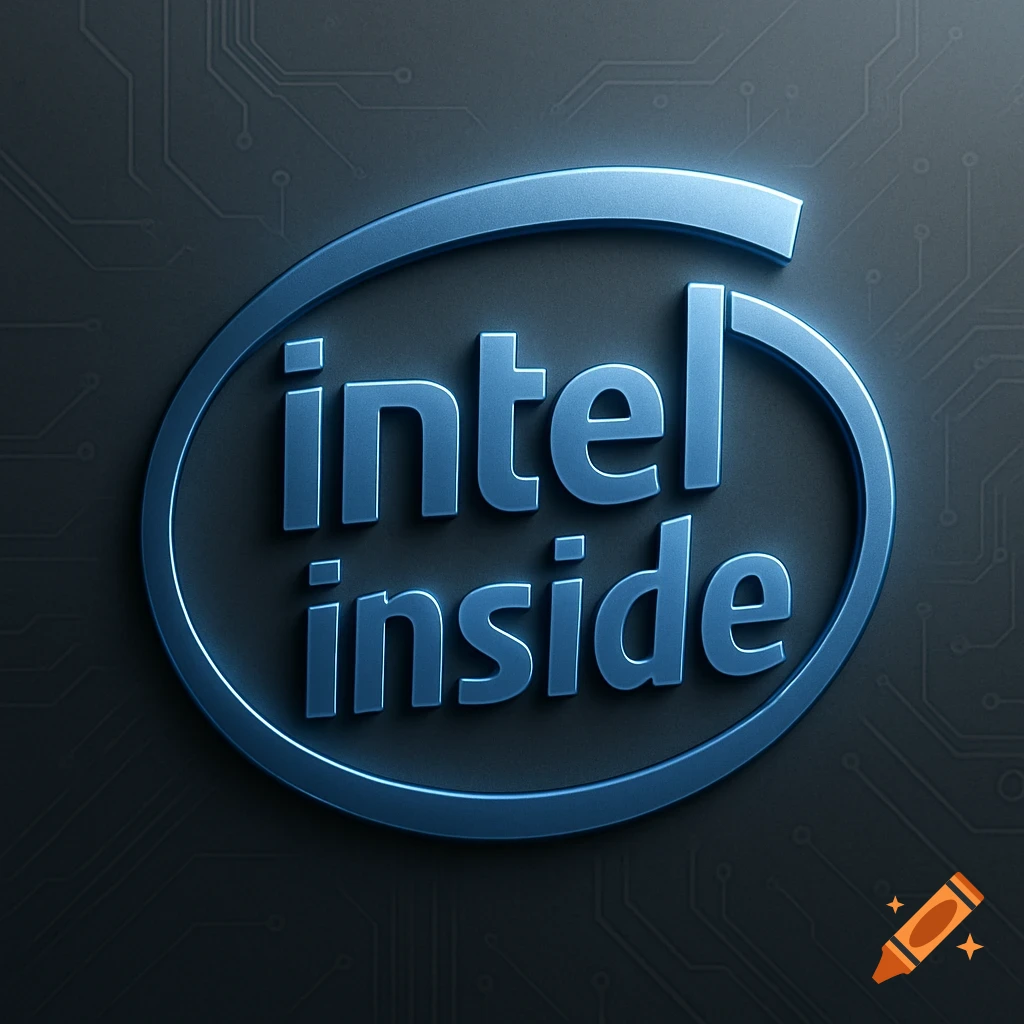 Blue 3D Intel inside logo against a dark background with circuit patterns.