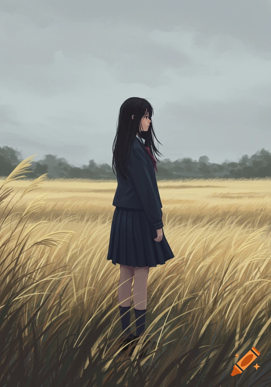 An anime-style girl with long black hair wearing a dark blue school uniform stands in a golden field of tall grass under a cloudy sky.