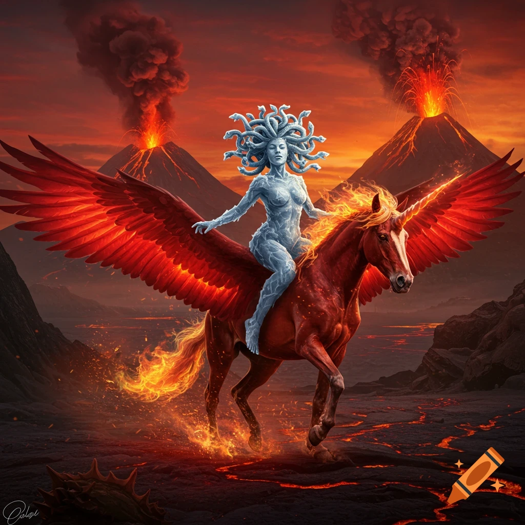 An icy Medusa with snake hair rides a fiery, red-winged unicorn across a volcanic landscape with erupting volcanoes.