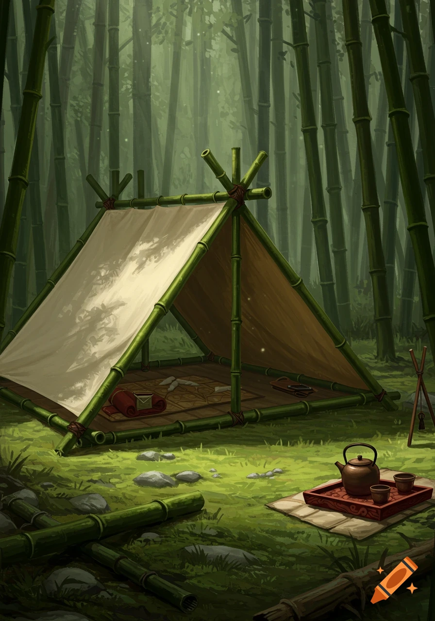 A bamboo tent with a white canvas roof stands in a lush bamboo forest, with a tea set on a mat in front.