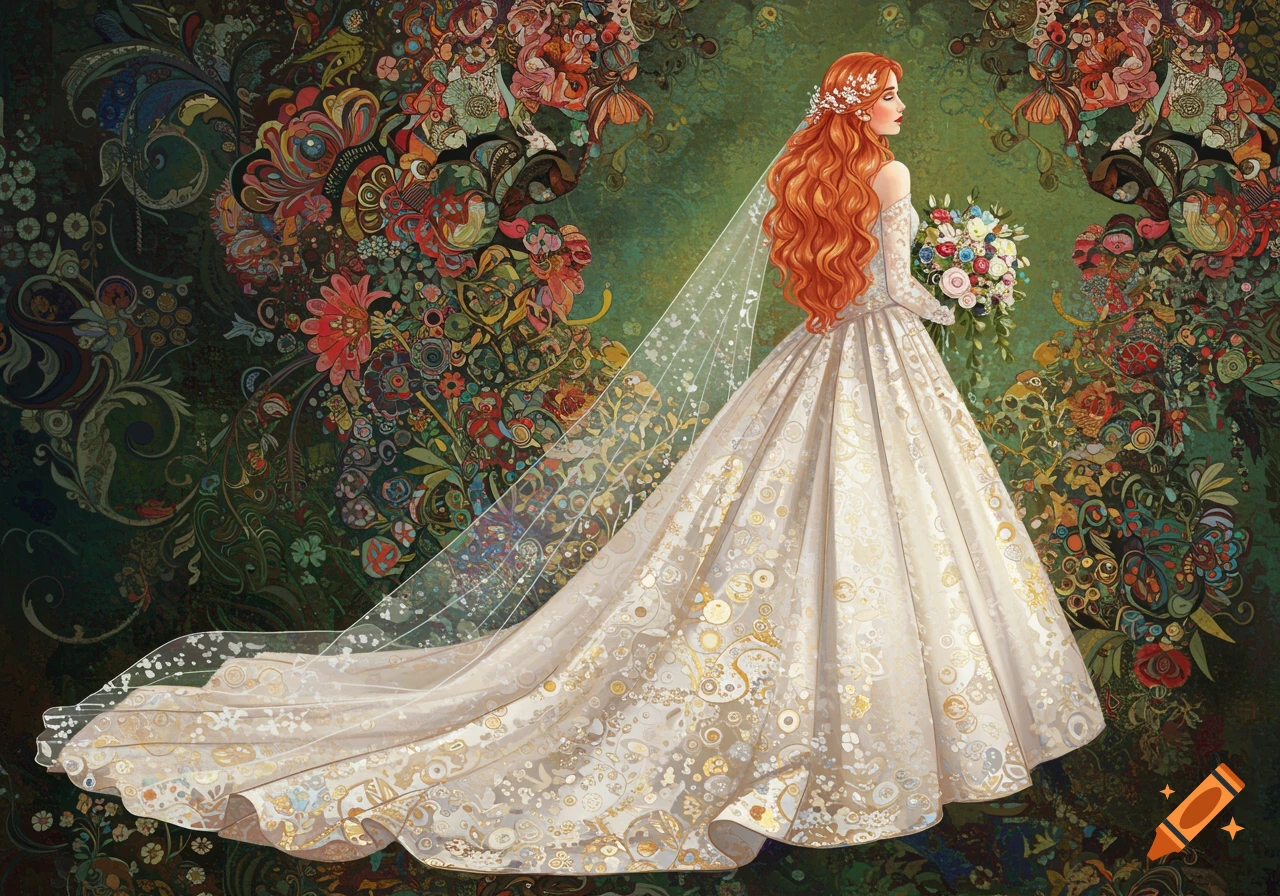 An elegant bride with long copper hair in a magnificent wedding gown against a vibrant, intricate Victorian floral background, inspired by Kandinsky and Klimt.