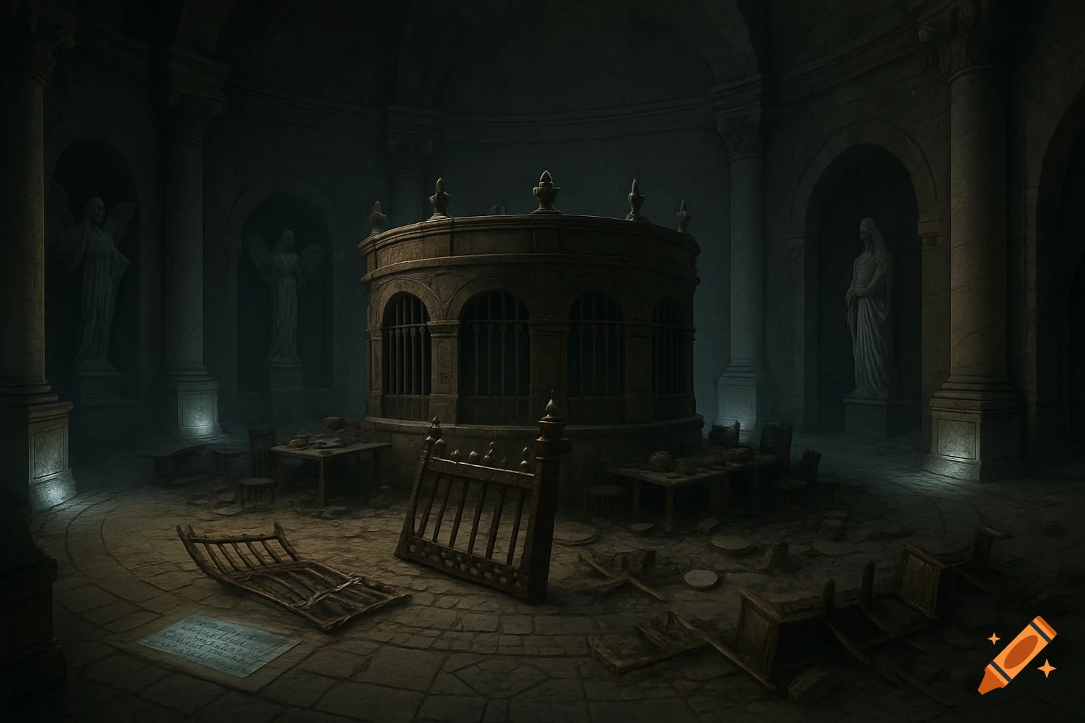 A dimly lit, ancient stone chamber with a central circular structure, broken furniture, and statues in wall alcoves.