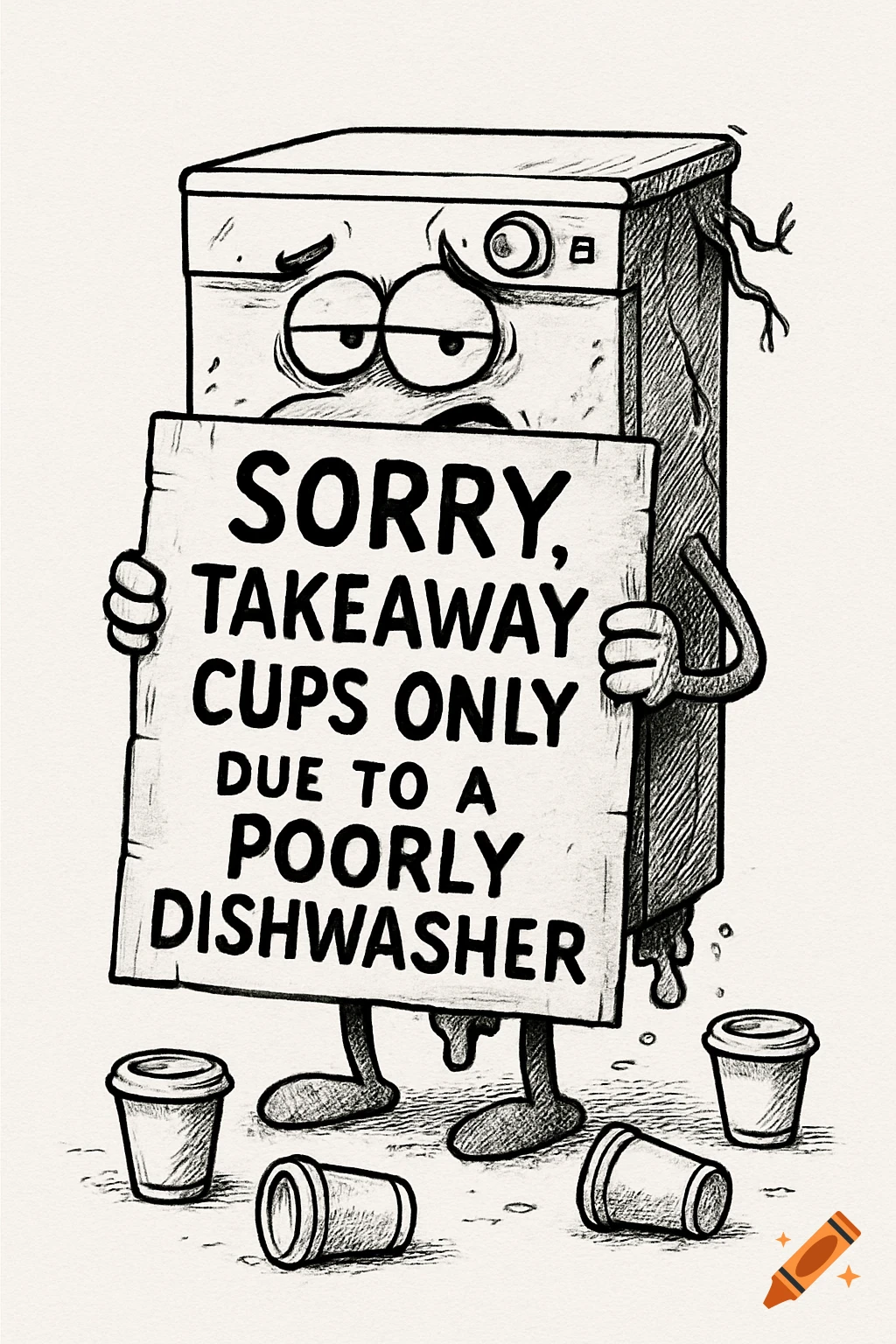 A black and white cartoon drawing of a sad dishwasher holding a sign that says "SORRY, TAKEAWAY CUPS ONLY DUE TO A POORLY DISHWASHER". Empty takeaway cups are on the floor.