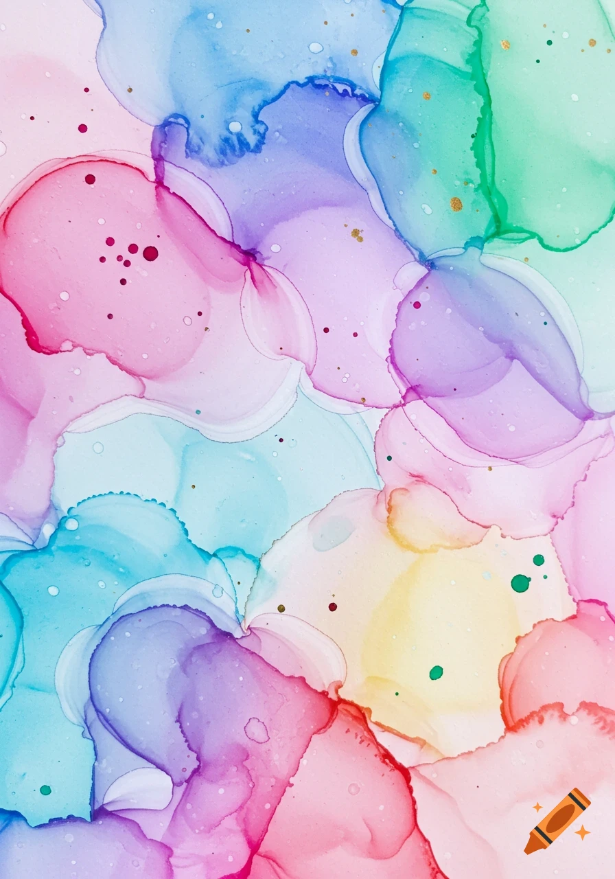 An abstract watercolor painting with flowing, translucent shapes in shades of pink, blue, purple, green, and yellow, with small gold speckles.