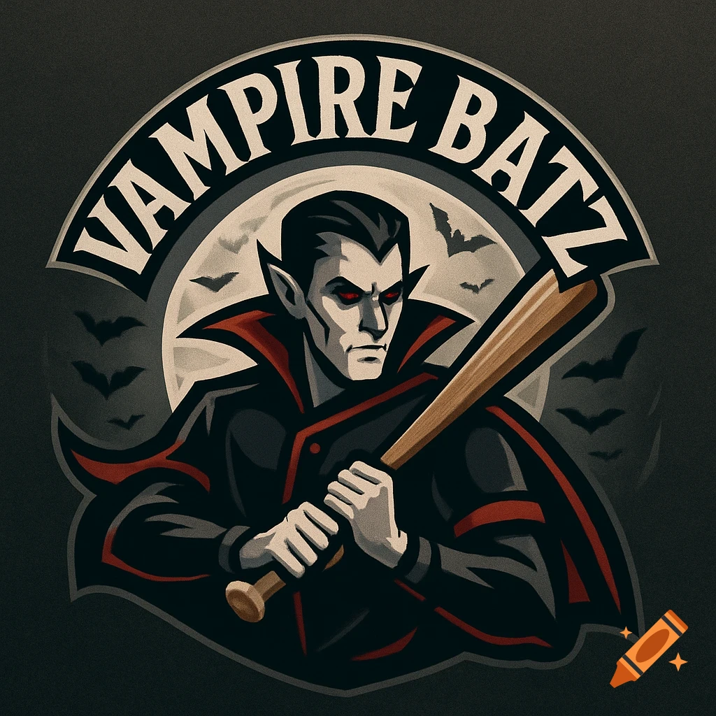 A stylized team logo featuring a vampire in a black and red cape holding a baseball bat, with 'VAMPIRE BATZ' text above and bats in the background.