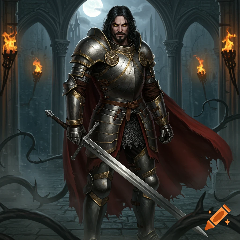 Armored knight with long black hair and glowing gold eyes, holding a sword in a dark, gothic setting under a full moon, digital art.