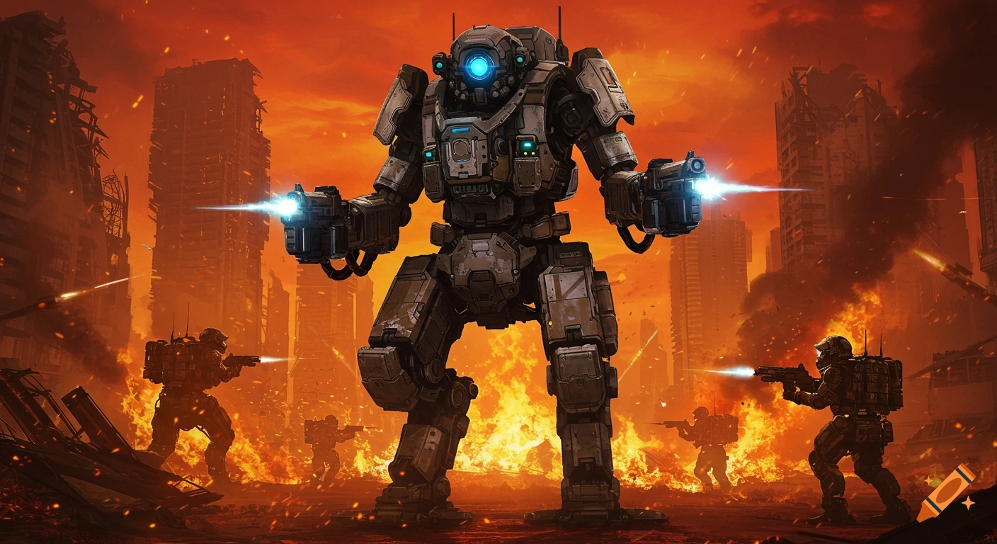 A large futuristic robot with glowing blue eyes stands in a burning, destroyed city with soldiers fighting around it.