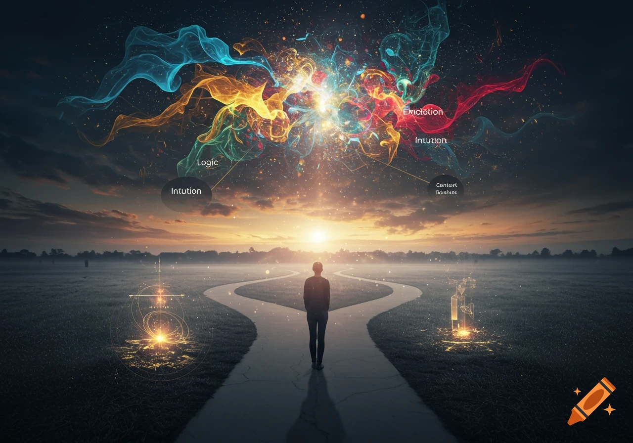 A person stands at a crossroads, gazing at a sunrise and a vibrant explosion of colorful abstract smoke representing concepts like logic, intuition, emotion, and context in the night sky. Glowing ethereal structures appear on either side of the path.