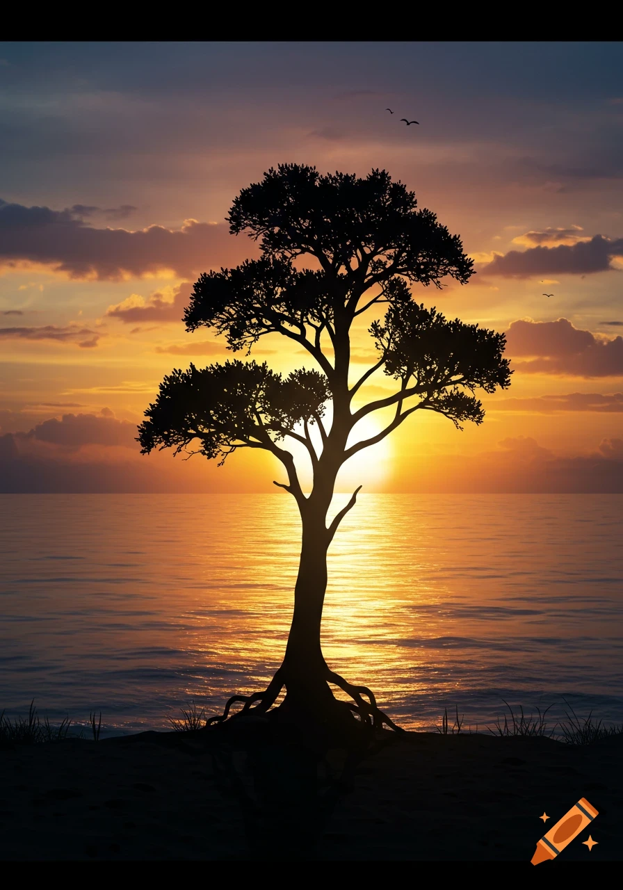A silhouetted tree stands on a beach with its roots visible, framed by a vibrant orange and purple sunset over a calm ocean.