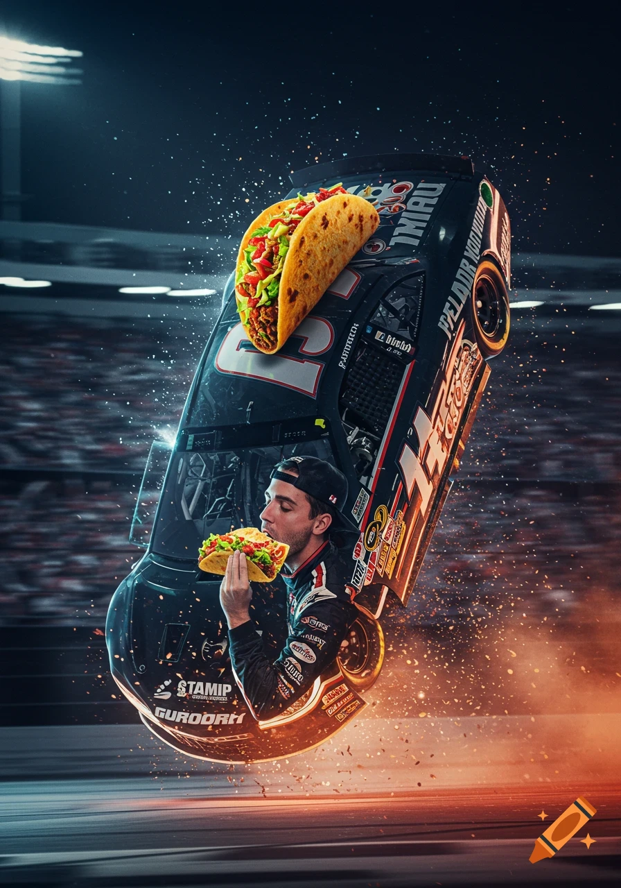 A photorealistic image of a NASCAR race car suspended upside down on a track at night, with the driver eating a taco.