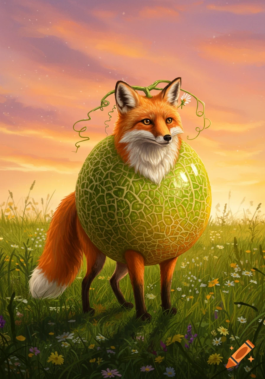 A fox with a melon for a body stands in a field of wildflowers under an orange sunset sky.