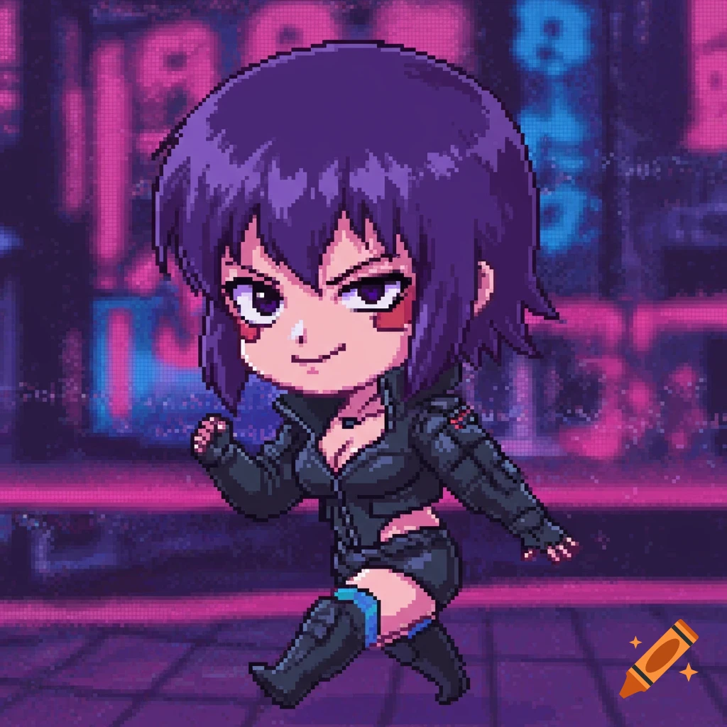 Chibi pixel art of Motoko Kusanagi walking in a cyberpunk city street with neon lights.