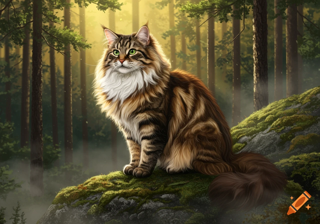 A majestic Norwegian Forest cat with green eyes and brown tabby markings sits on a mossy rock in a sunlit forest.