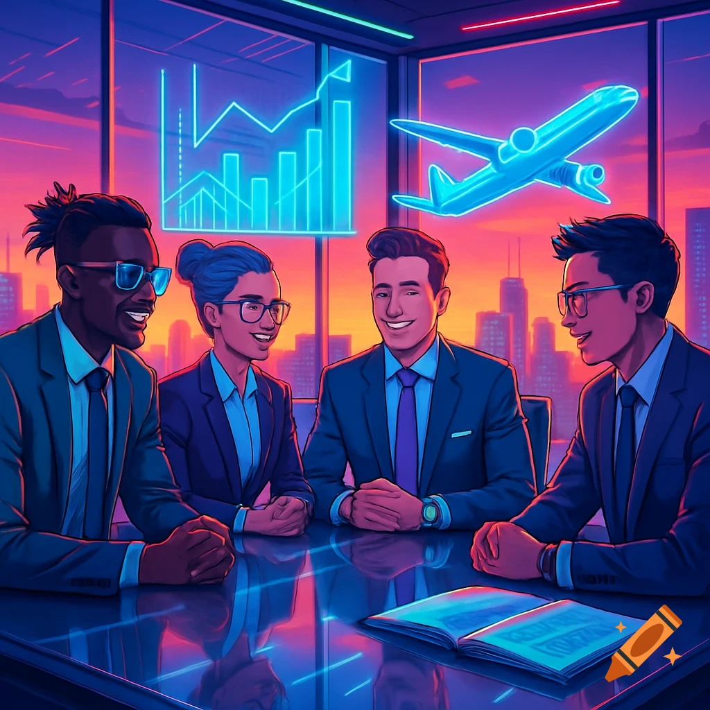 A group of diverse professionals in a neon-lit futuristic meeting room, with a glowing airplane and graph in the background.