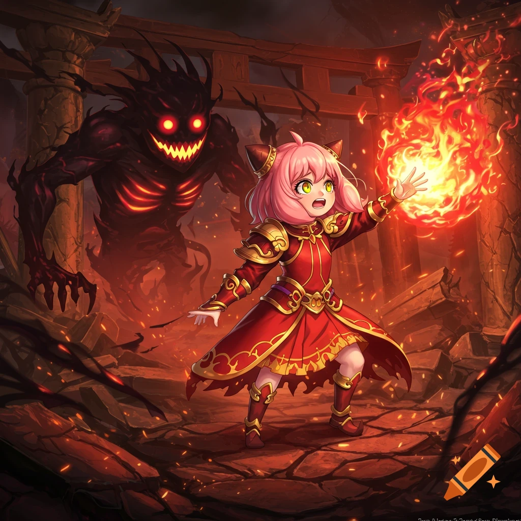 Anime-style mage in red and gold armor casts fire magic against a monstrous shadow creature in a crumbling temple.